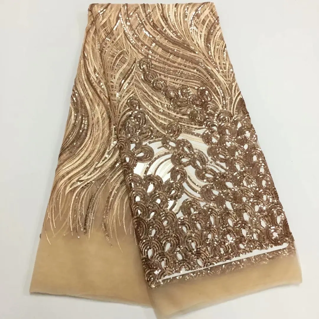 Новинка тюль сетка пайетки кружевная ткань 3D Африканское шампанское золото кружевная ткань сиреневая нигерийская кружевная ткань для свадьбы 2023