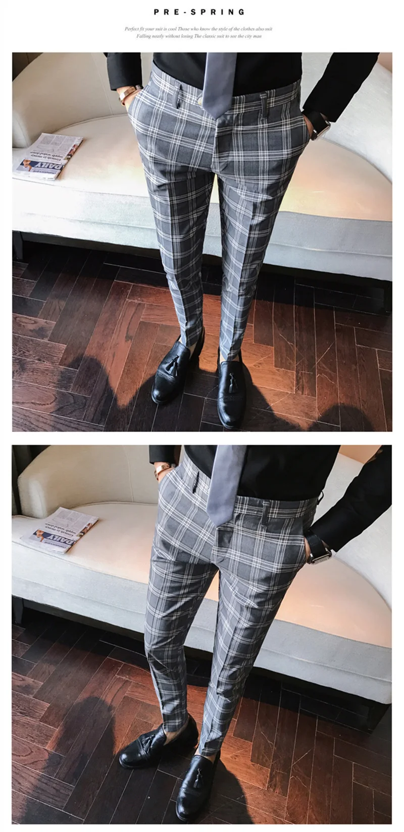 Серый синий мужской Клетчатый костюм брюки Slim Fit лодыжки костюм брюки для мужчин классическое деловое офисное платье формальный клетчатый костюм брюки P13