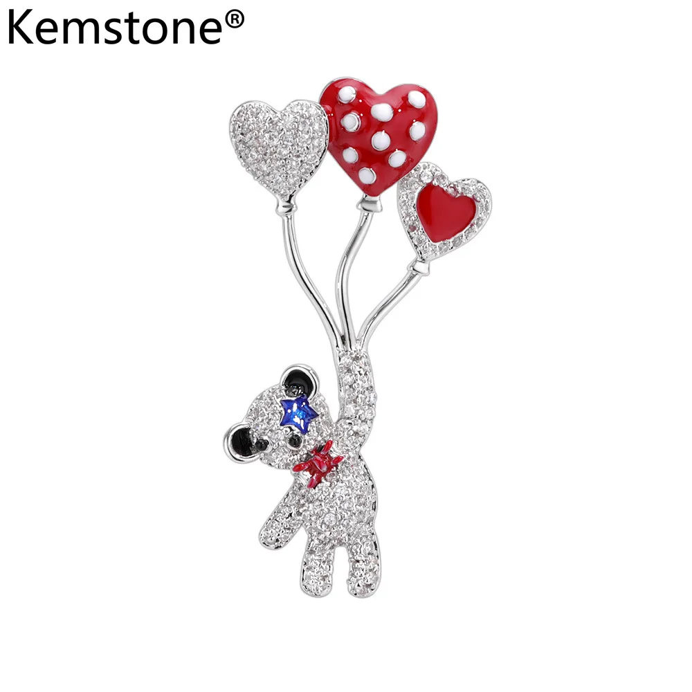 Kemstone маленький Медвежонок с фианитом Красный Серебряный цвет мультфильм брошь