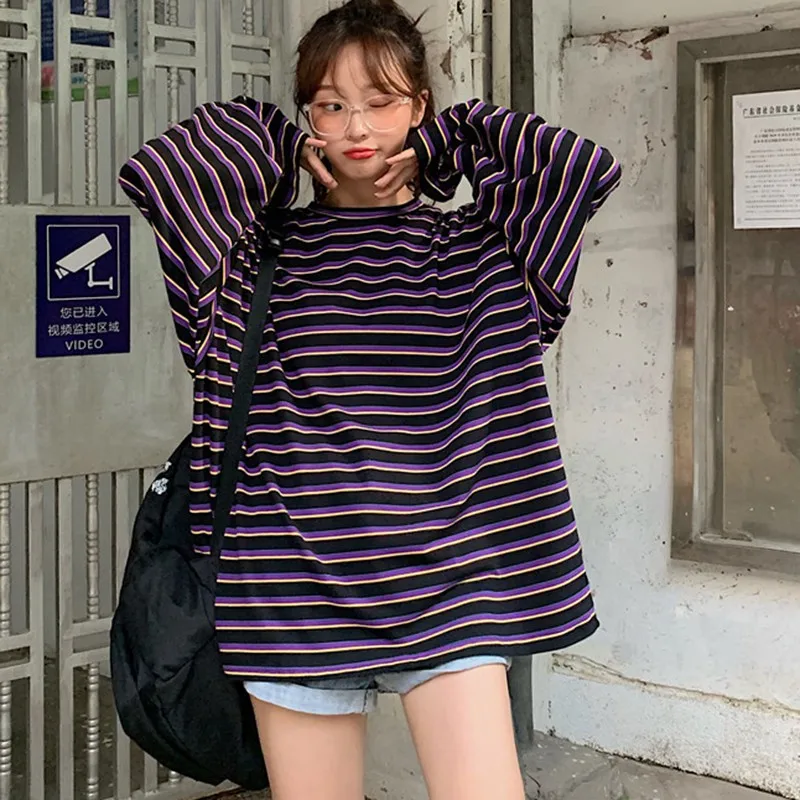 Fashion New Sexy Korean Loose Large Size Round Neck Long Sleeve Striped T-shirt Purple Black Strip XL | Женская одежда
