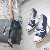 size 34 41 2021 pumps 24 style denim high quality shallow mouth womens shoes high heel 6 8cm girl canvas student shoes female