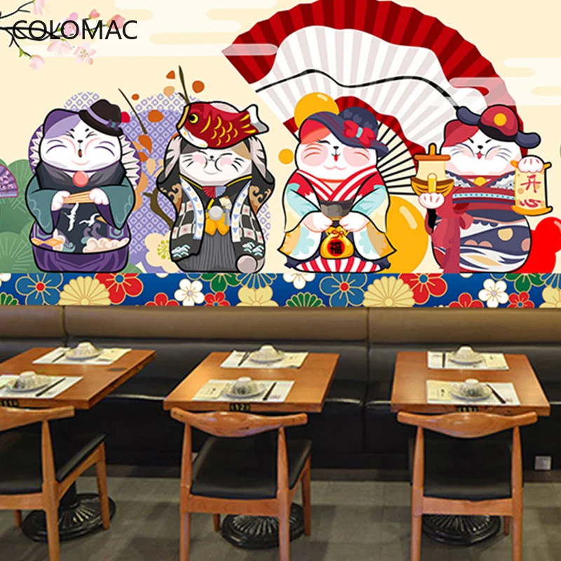 

Colomac Custom Japanese Kimono Lucky Cat Wallpaper Hand-painted Sushi Restaurant Background Mural Room Design Dropshipping