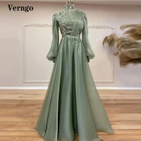 verngo 2021 pale green a line women formal evening dresses long sleeves high neck lace floral navy blue saudi arabic prom gowns