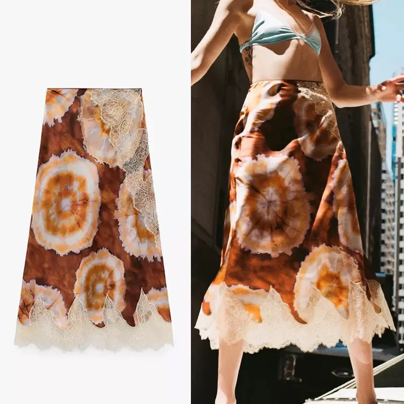 

Elegant Women Midi Skirts 2021 Summer Lace Elastic High Waist Printed Mesh Pleated Skirts Female Fashion Long Skirt Streetwear