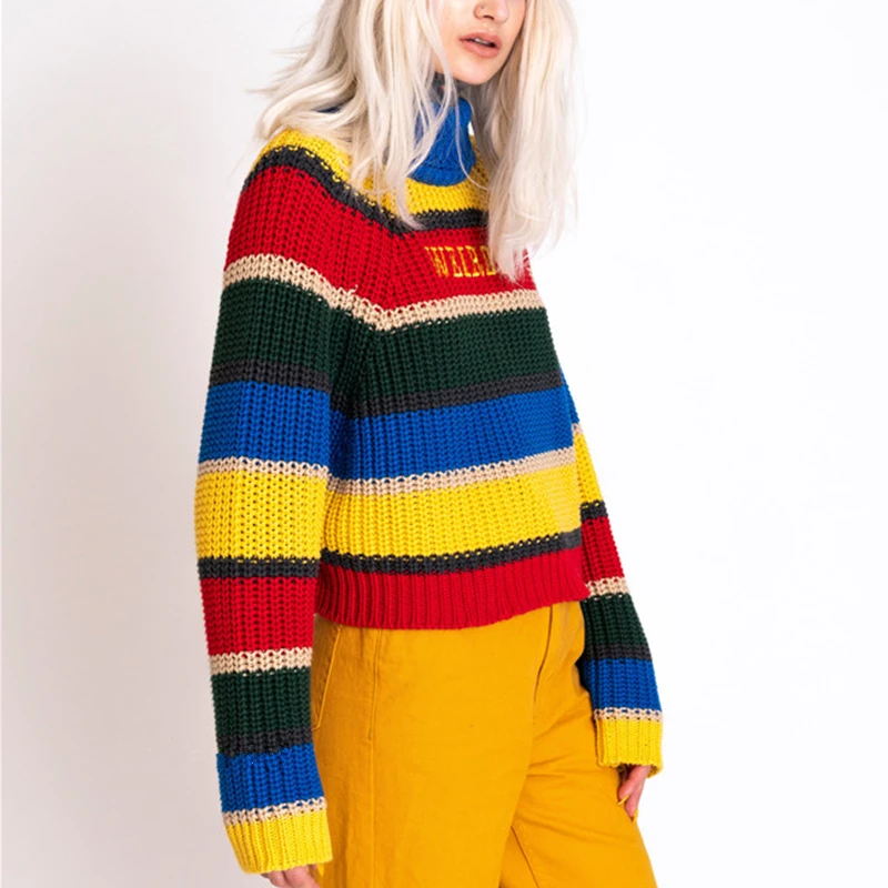 Harjuku Contrast Stripes Roll Turtle Neck Knitted Jumper Turtleneck Sweater with Embroidery WEIRDO Oversized Top For Women / | Женская