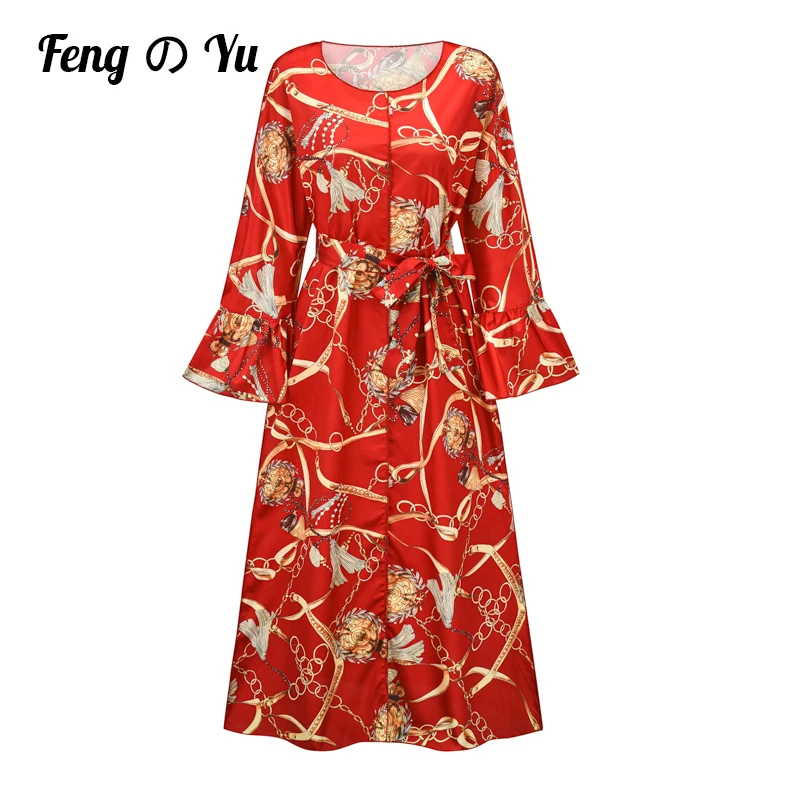 Sexy XL Red Women's Dress 2021 Fall Lotus Leaf Sleeve Party Print Lace-up Long Dress Long Robe Large Size Women's Red XL
