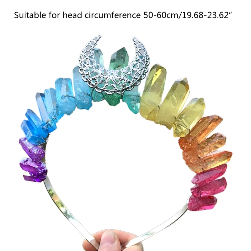 

Multicolor Rainbow Raw Crystal Quartz Crown Headband with Metal Hollow Out Antique Moon Tiara Hair Accessories Witch Party