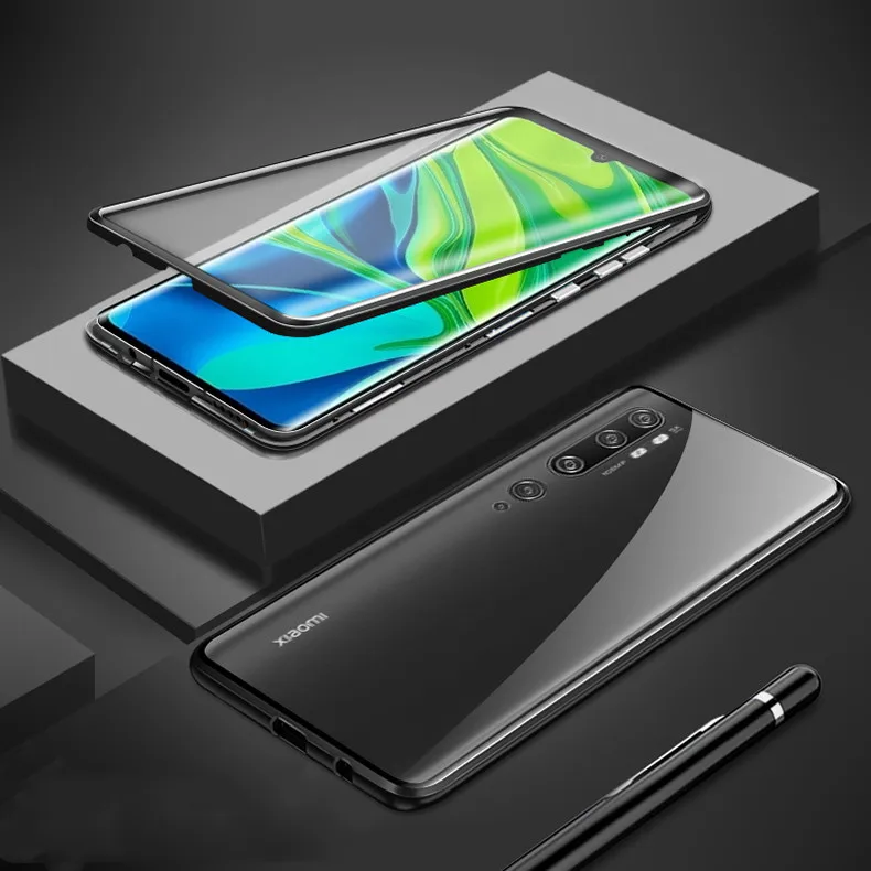 Двухсторонний чехол из закаленного стекла для Xiaomi mi note 10 pro, магнитный чехол для телефона NUL 10 10, чехол xio mi note 10, металлический чехол - Цвет: black