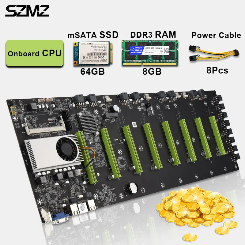 Материнская плата ETH для майнинга 8 GPU 55 мм (2 17 дюйма) расстояние с ЦП + 64 ГБ mSATA SDD Гб