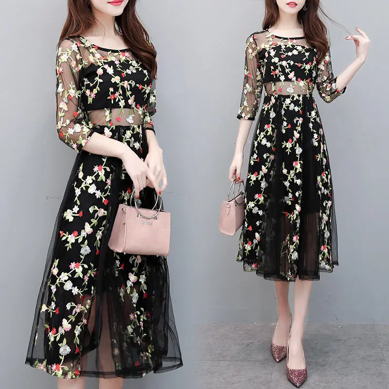 

Large size women's 2021 summer new fat mm belly dress fat sister mesh slim age reduction lace skirt