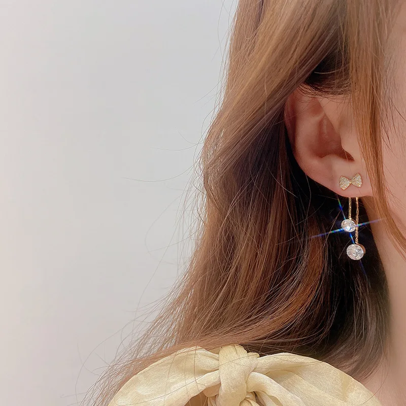 

Korean Fashion CZ Bow Earings for Women Adjustable New Design AAA Zircon 14k Real Gold Stud Earrings Engagement Wedding Jewelry