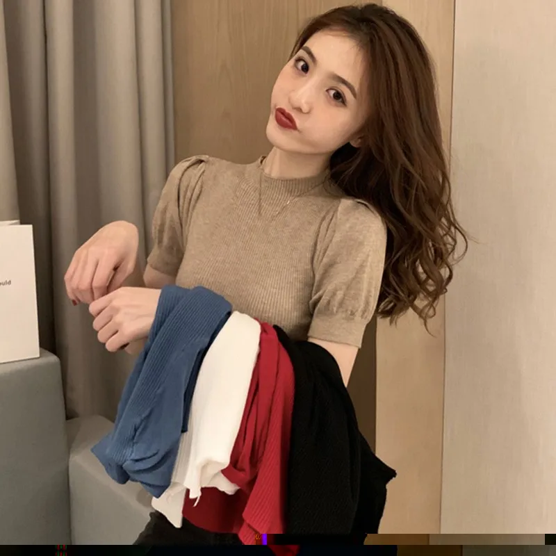 

Women Slim Puff Sleeve Knitted T-Shirt Short Sleeve Solid Color Sexy Ladies Summer Tee Shirt Tops 2020