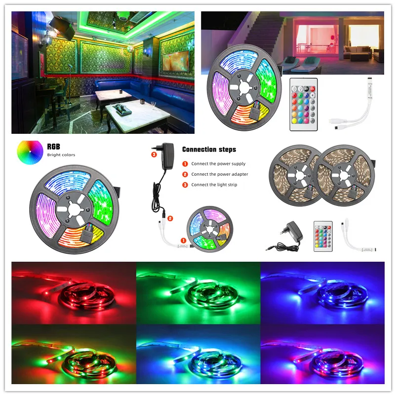 

5m 10m 15m 20m LED Strip 5050 2835 IP20 RGB Strip LED Light Flexible Ribbon Stripe DC 12V RGB Diode Tape IR Controller Adapter