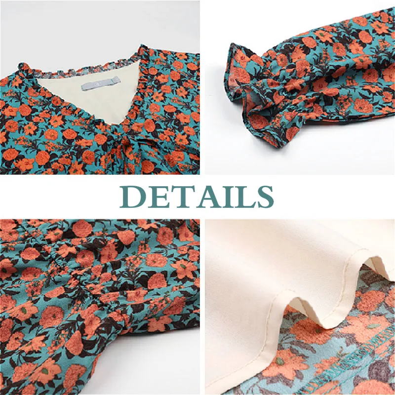 

Long Sleeve Dress Women V-neck Autumn Slender Chic Fashion Retro Elegant Vintage Floral Print Stylish Womens Ins Vestido Casual