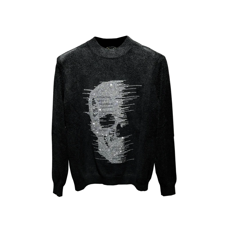 

Men's Fashion Brand Autumn And Winter Black Striped Sweater Hip Hop Casual Studded Skull Punk Street Wear