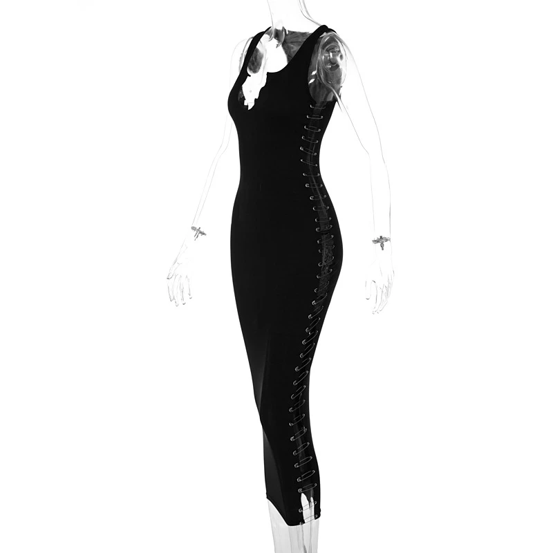 

Knitted Summer Bodycon Sleeveless Maxi Dress V Neck Y2k Clothing for Women Pin Patchwrok Sexy Club Outfits Long Dresses