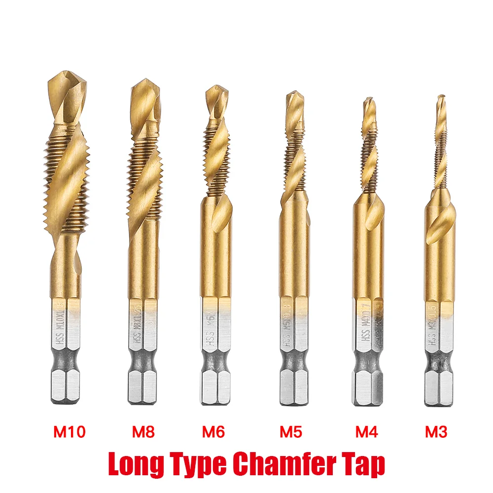 

M3 M4 M5 M6 M8 M10 Tap Drill Bits 1/4 Hex Shank Machine Hand Taps Titanium Coated HSS Drilling Tap Bits Thread Screw Tools