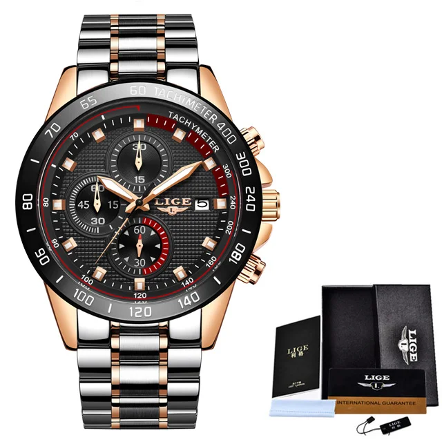 Rose gold black Relogio Masculino, новинка, мужские часы, люксовый бренд, LIGE, с хронографом, мужские спортивные часы, водонепроницаемые, полностью стальные, кварцевые, мужские часы - Цвет: Rose gold black