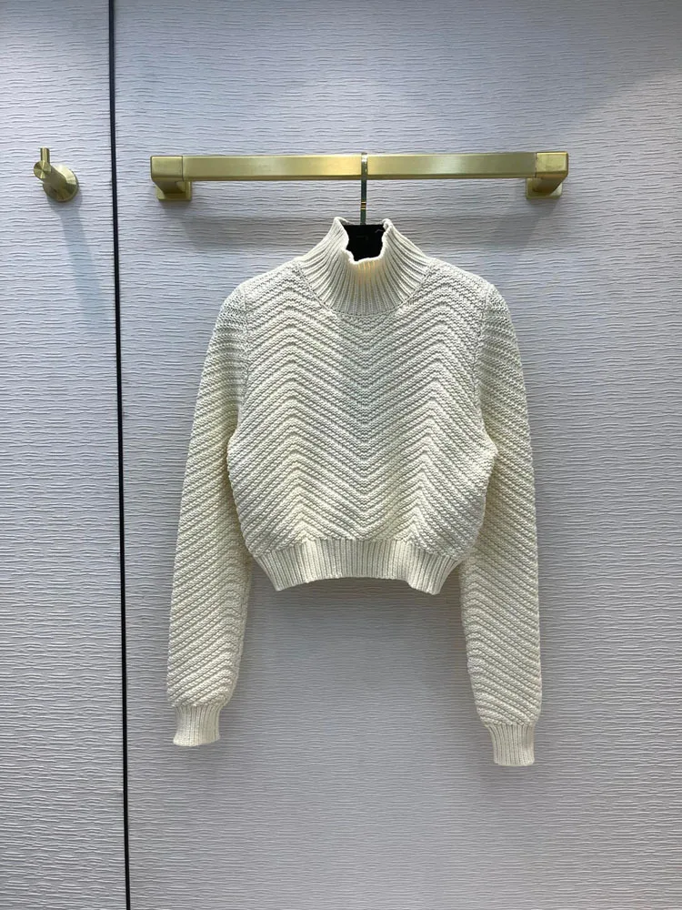 

Роскошный брендовый пуловер с воротником-стойкой, свитер для женщин, высококачественный однотонный жаккардовый пуловер в полоску с длинны...