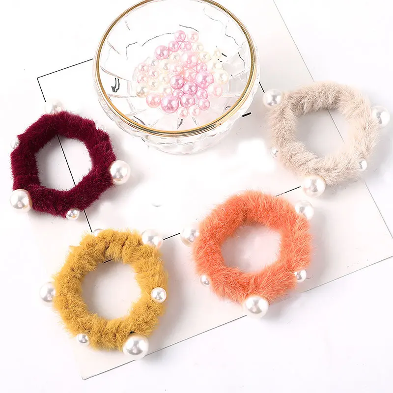 

Fashion Girl Elastic Faux Rabbit Fur Scrunchie Hair Rope Mink fur Ponytail Holder Elastic Plush Hair Ring Hair Accessories Pearl