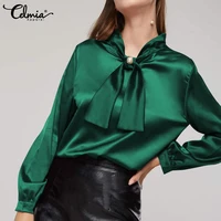 celmia women elegant satin blouses 2021 fashion bow tie office tops long sleeve casual autumn shirts oversized office blusas