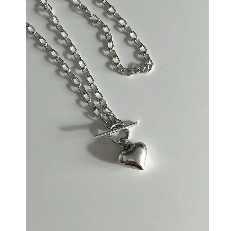 

925 Sterling Silver Heart Long Pendant Necklace Glossy Heart Round Bead Chain Elegant Womens Necklace Party Jewelry