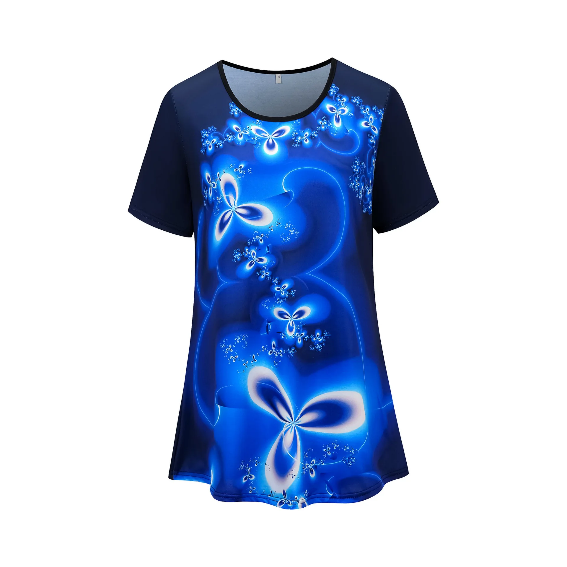 

2021 Summer Women Blouse Gradient Floral Print Shirt Casual O-Neck Short Sleeve Top Christmas Shirt Lady Blouses Plus Size S-5XL