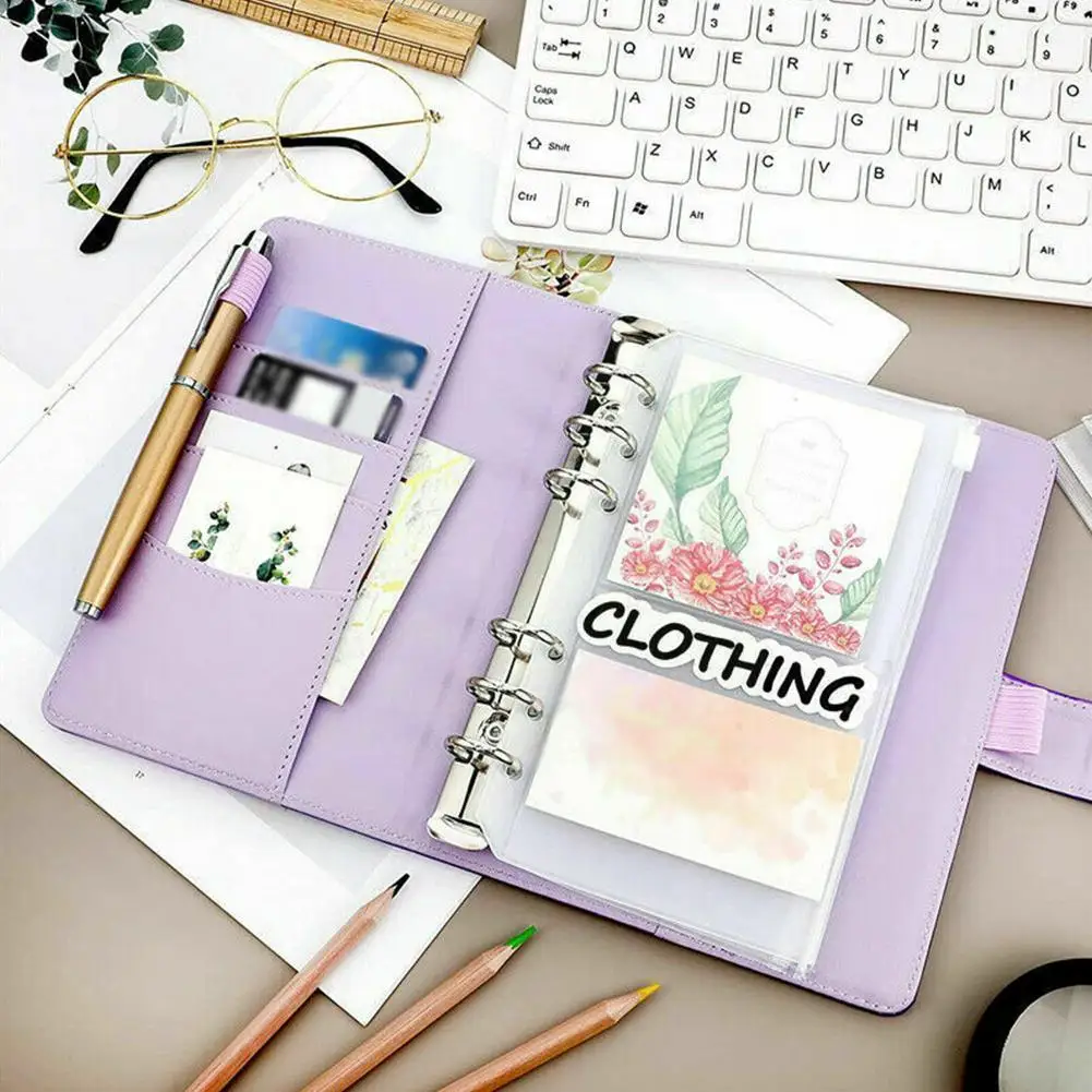 

New A6 Pu Leather Loose-leaf Book Budget Binder Planner 8 Bags Zipper Budget Binder Transparent Sheets With Notebook U2d6