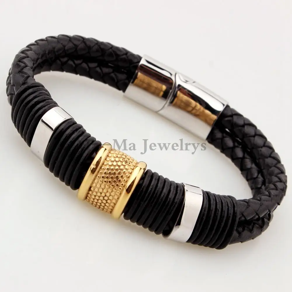 

22cm Men Jewelry Handmade Braided Black Genuine Leather With Stainless Steel Gold Color Mens Bracelet