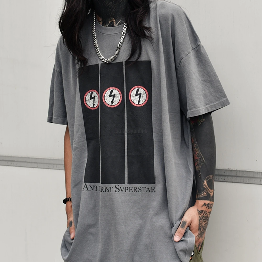 

Vintage lightning VTG washed old shirt short-sleeved trend summer loose t-shirt men M L XL