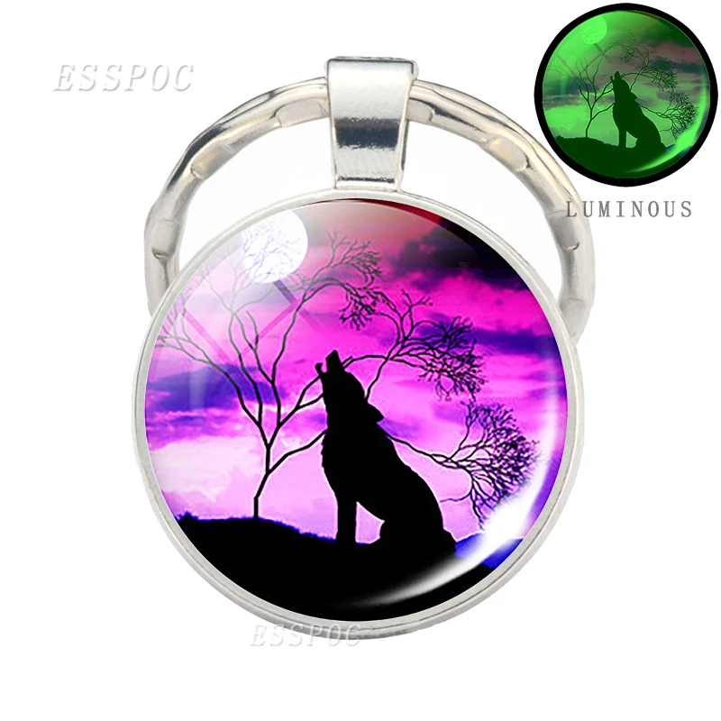 Glow in Dark Jewelry Howling Wolf Keychain Wolf Luminous Glass Cabochon Pendant Keyring Double Side Glass Ball Keychain
