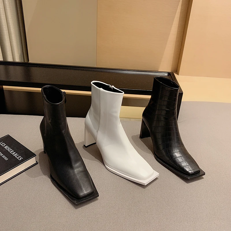 

Square Toe Women Ankle Boots Black/Brown/White Side Zipper Thick High Heels Chelsea Winter Martin Boots Sexy Woman Size 35-39