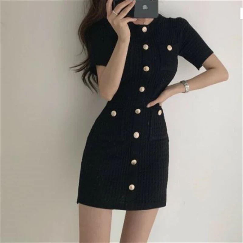 

Dress Women Round Neck Slim Short Sleeve Single Breasted Straight High Waist Knitted Pocket Casual Home Elegant Street Shooting
