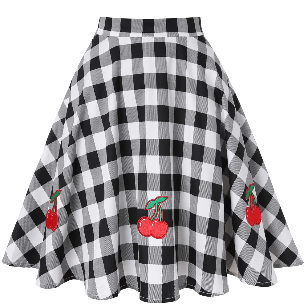 

2021 plaid plaid skirt female black and white high waist cherry appliques cotton summer vintage swing skirt female