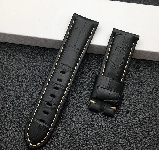 Black beige line 22 мм 24 мм 26 мм черный коричневый синий зеленый серый белый Италия телячья бамбуковая кожа ремешок для Panerai ремешок Ремешок пряжка с язычком - Цвет ремешка: Black beige line