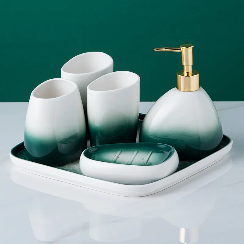 

Gradient Green Ceramic Sanitary Ware-Piece Wash Suit Couples Brushing Gargle Bathroom Amenities, Kitchenware