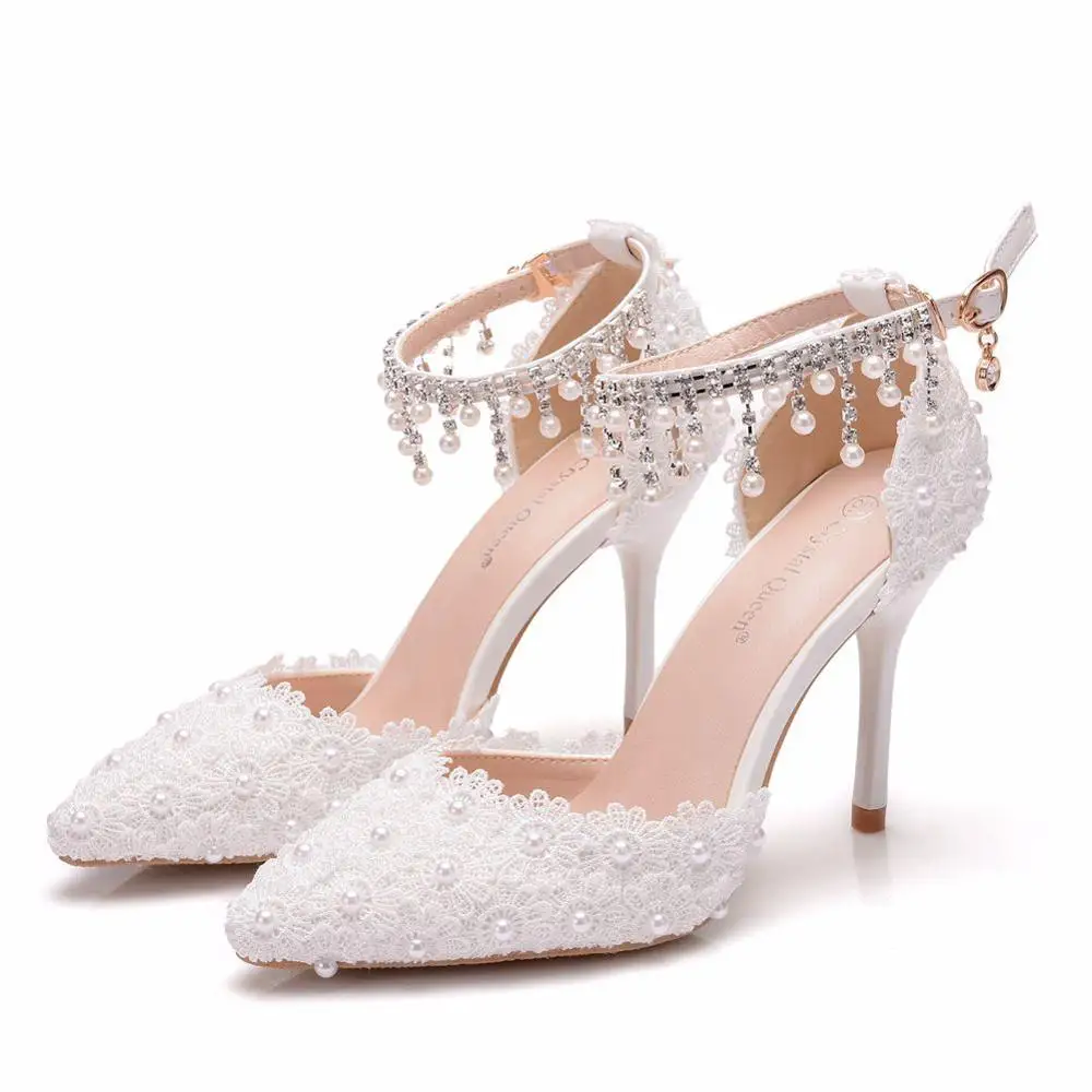 

Crystal Queen Women Wedding Shoes White Lace Flower Wristband Bridal Pointed Toe Thin Heels Ankle Strap Sandals