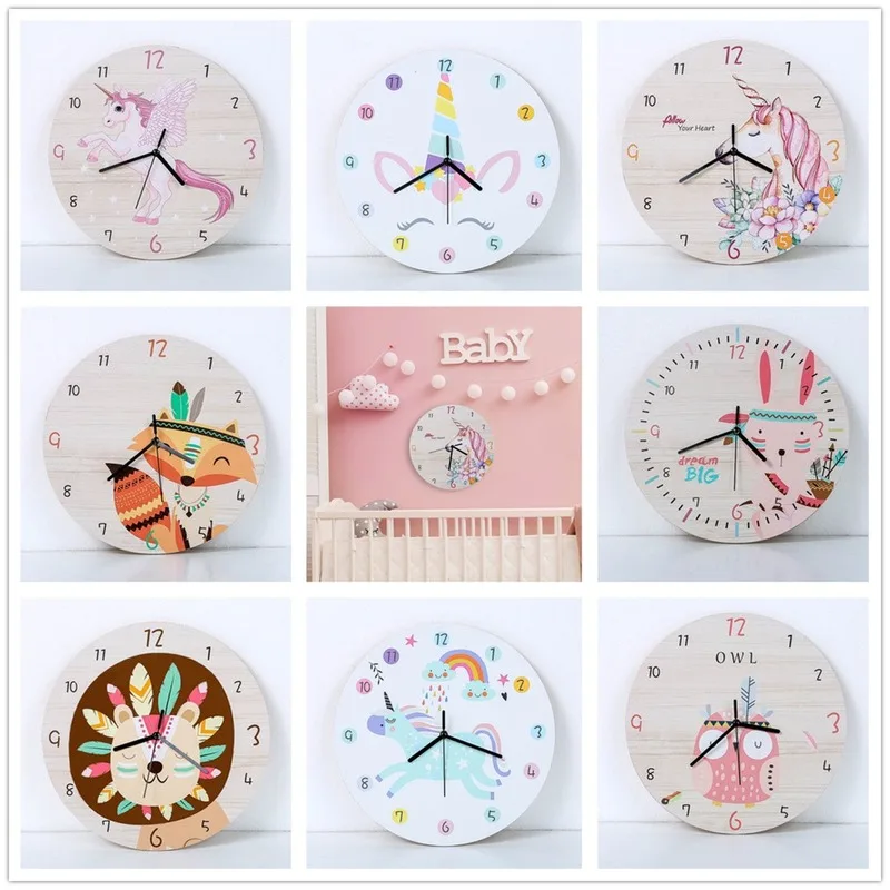 

Cartoon Circular Unicorn Wall Clock Kids Wooden Silent Reloj de Pared for Baby Rooms Horloge Home Decor Living Room Decoration
