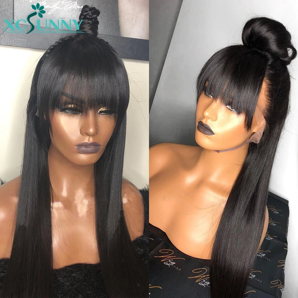 Прямые передние парики из человеческих волос на сетке с челкой 13x4 передний парик