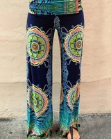 vintage color print wide leg casual pants women retro loose high waist all match elastic waist straight mom pants