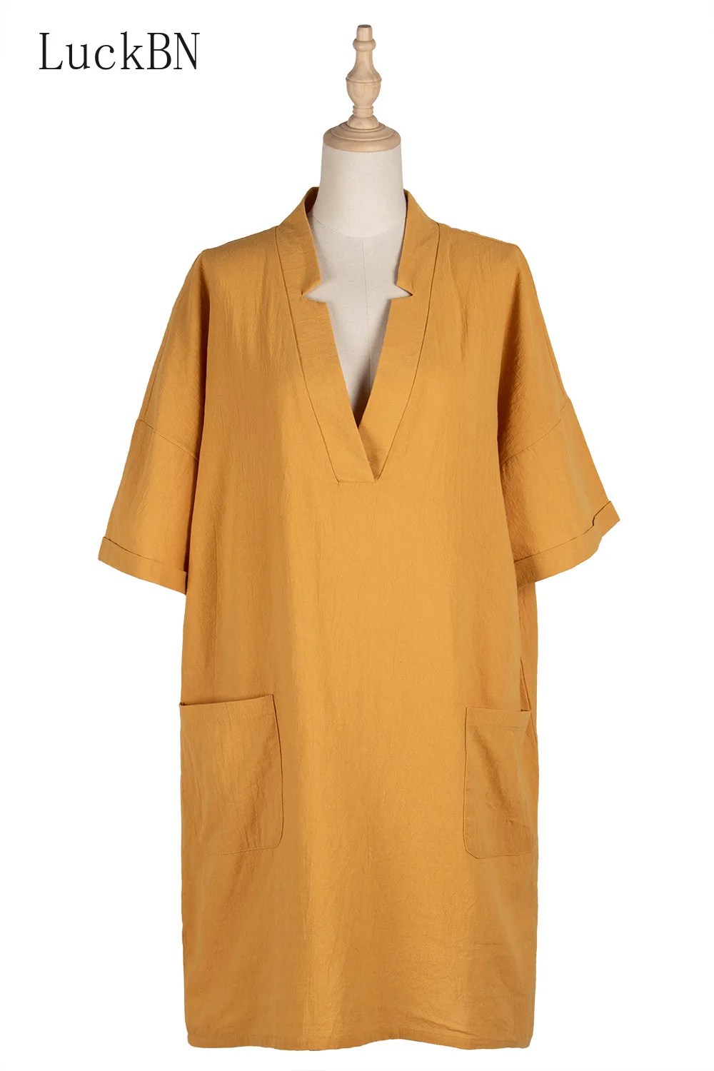 

Women's Dress Cotton Solid Color V-neck Akimbo A-line Skirt Bag Casual Loose Short-sleeved Dress Women Vestidos De Mujer 2021