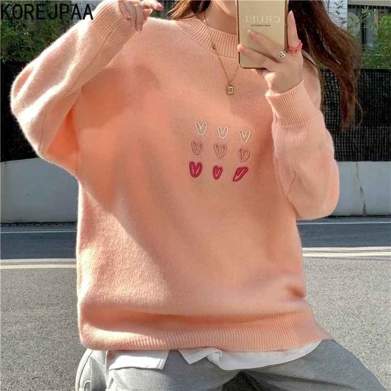 

Korejpaa Chic Heart Embroidered Sweater Women Round Neck Pullover 2021 Autumn Lazy Wind Long Sleeve Top Knitwear Fashion
