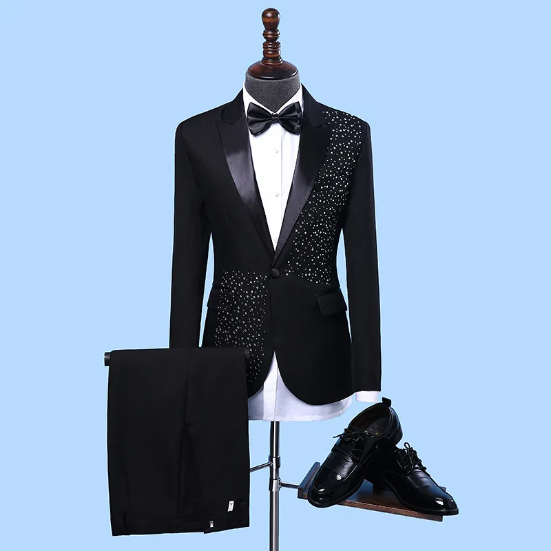 

Блестящие черные мужские костюмы из 2 предметов, одежда для жениха, Свадебный Блейзер, смокинги, индивидуальный пошив, деловые брюки, жилет, ...