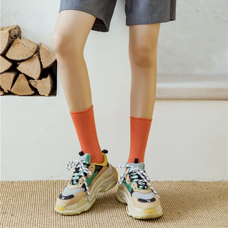 2021 New Women Socks Solid Color Spring Autumn Middle Tube Korea Style Cotton Socks Girl Preppy Style Long Breathable Crew Socks