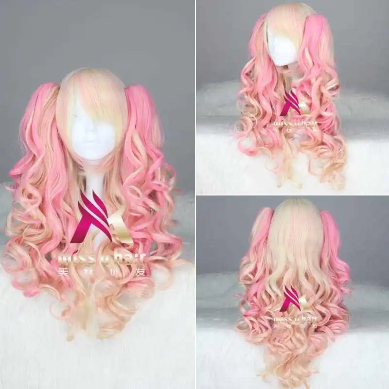 

new anime Long Wavy Wigs With Bangs Heat Resistant Synthetic Hair Linen Light pink Wig cosplay party Free Shipping+wig cap