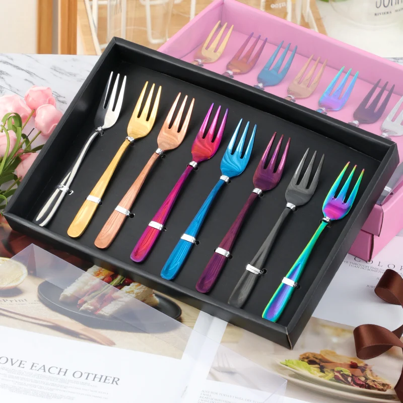 

304 Stainless Steel Dinnerware Set Fruit Fork 8 Pieces Three Teeth Fork Fruit Lotus Kitchen Gadgets Gift Box Cutlery Set