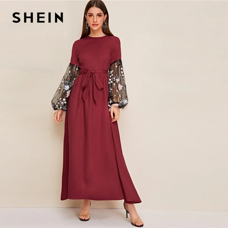 SHEIN Цветочная аппликация Сетчатое платье-фонарь рукав пояс женское платье круглый вырез Платье макси с длинным рукавом Высокая талия элегантное платье