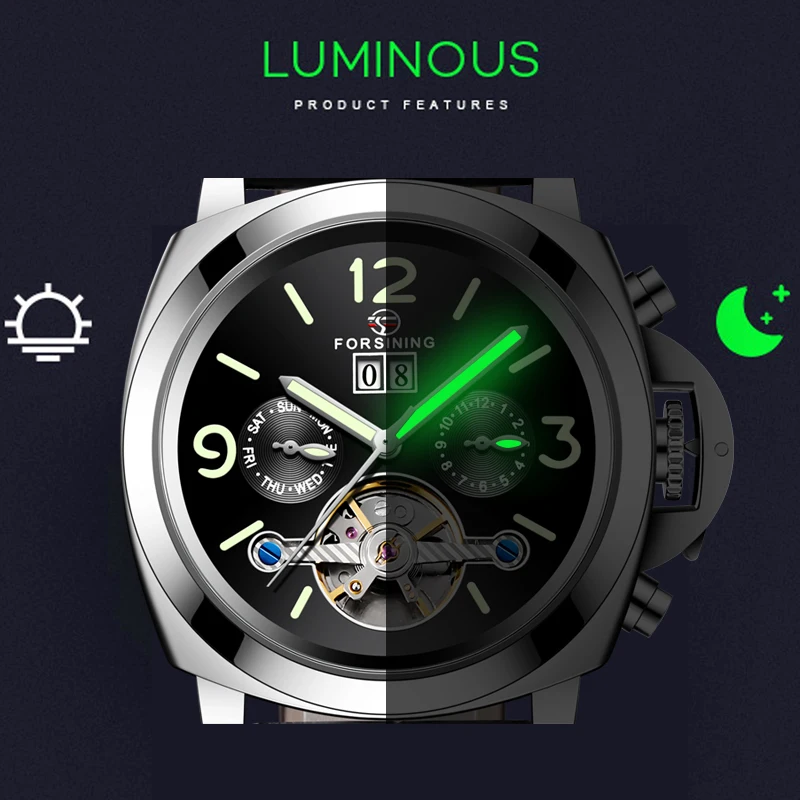 High Quality FORSINING Men Automatic Mechanical Watch Leather Strap Week Date Display Luminous Hands Wristwatches | Наручные часы