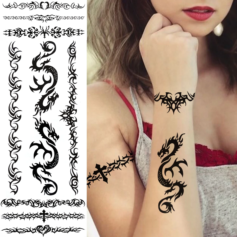 

Tribal Dragon Small Temporary Tattoos For Women Adults Christ Cross Heart Fake Tattoo Sticker Arm Face Fashion Realistic Tatoos