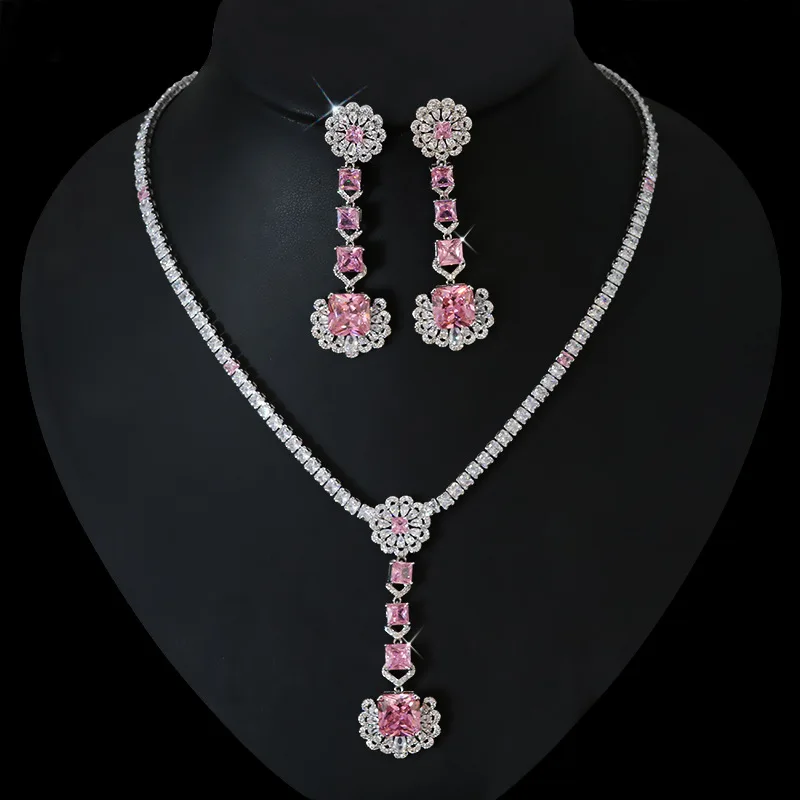 

Fashion Pink Crystal Prom Wedding Jewelry Sets for Women Accessories Floral Tassel Necklace Earrings Bridal Jewelry Sets